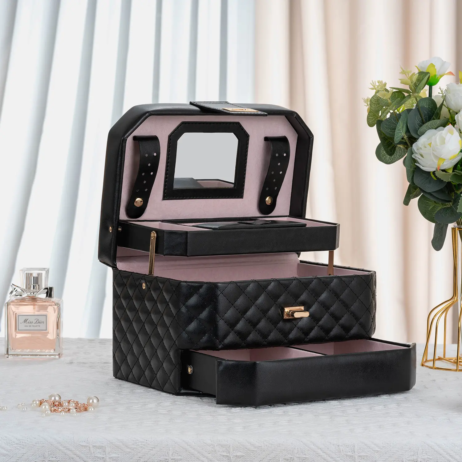 Diamond Stitched Self-Opening jewelry box with inner box | ZG223