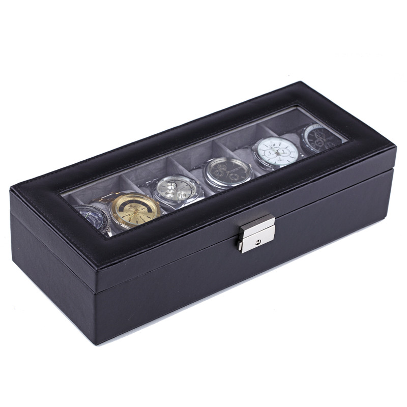 Men’s Rectangle 6 Slots leather watch box with glass window | BG022