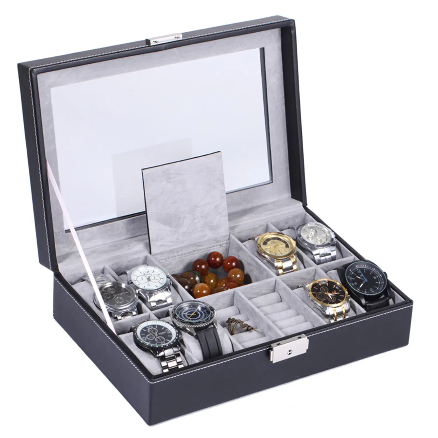 2 layer Black faux leather Men’s fashion jewelry box with 6 Slots watch with key | BG053