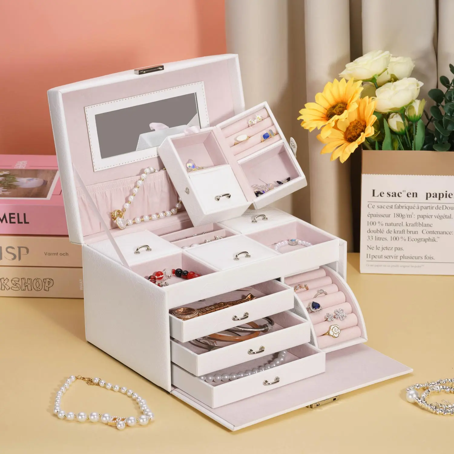 Stylish arched faux leather jewelry box with portable interior pocket | ZG150
