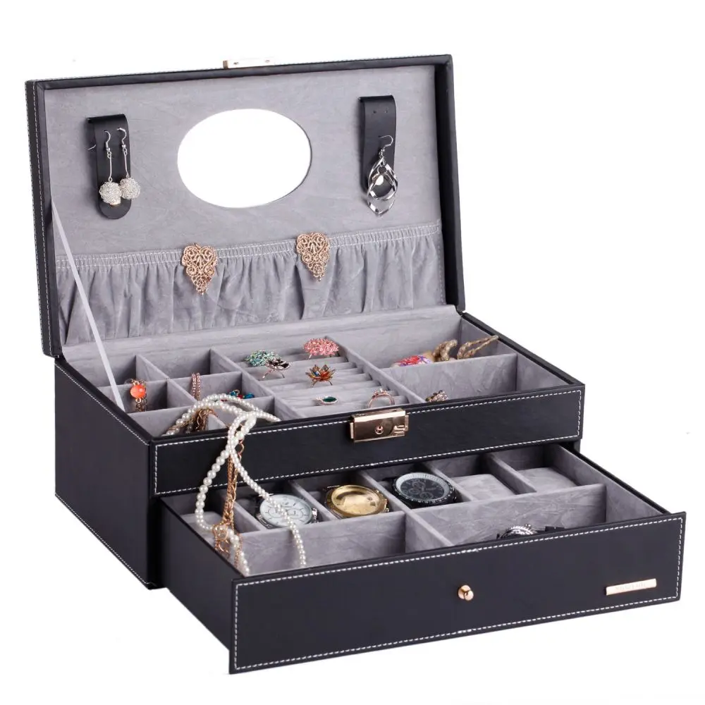 2 layer Black faux leather Men’s fashion jewelry box with 6 Slots watch with key | BG052