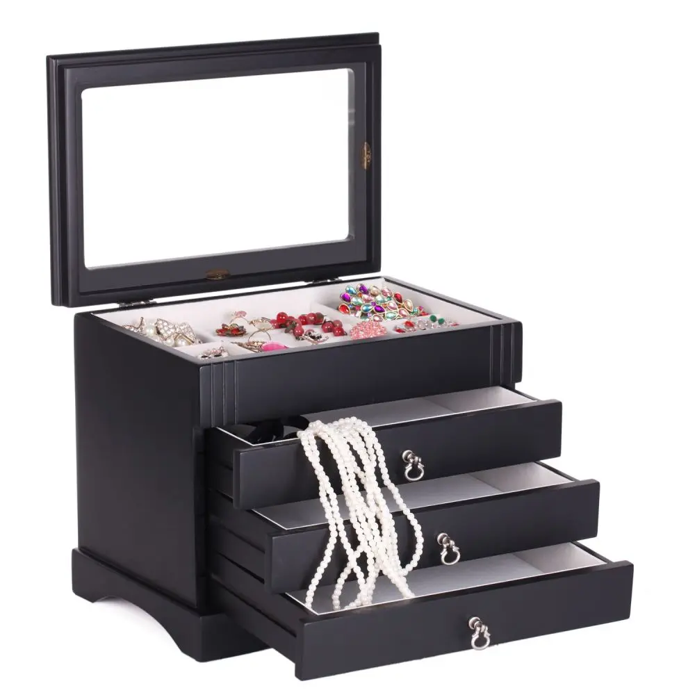 Handcrafted Wooden Jewelry Box with Glass Lid & Three Drawers | MG01