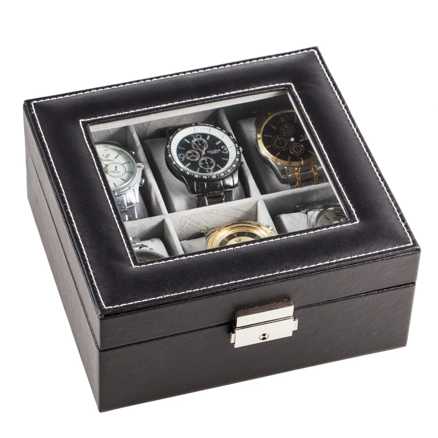 Square shaped 6 Slots PU watch box with window for men | BG021