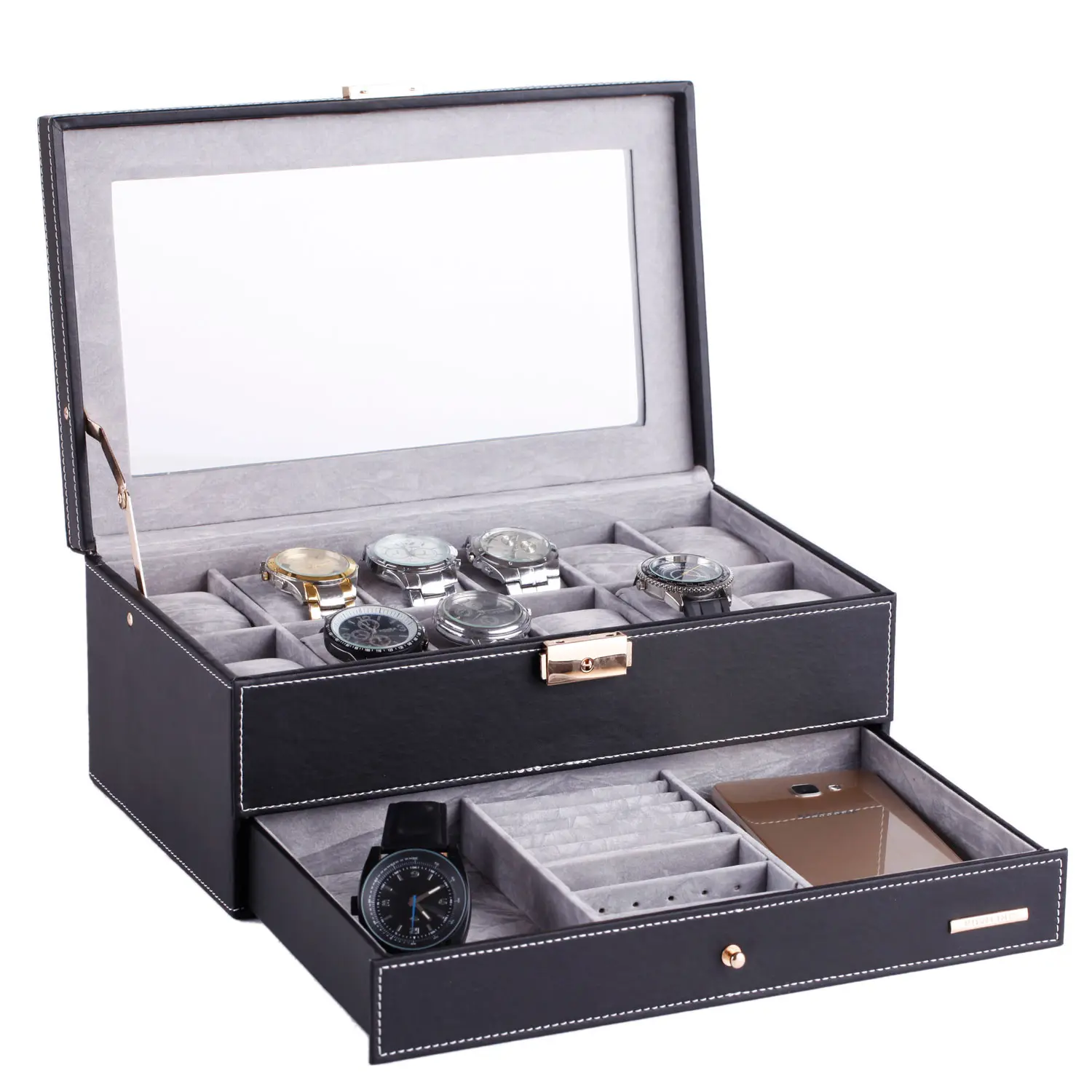 Double layer Black artificial leather Men’s Luxury 12 Slots watch box and jewelry storage box with window | BG051