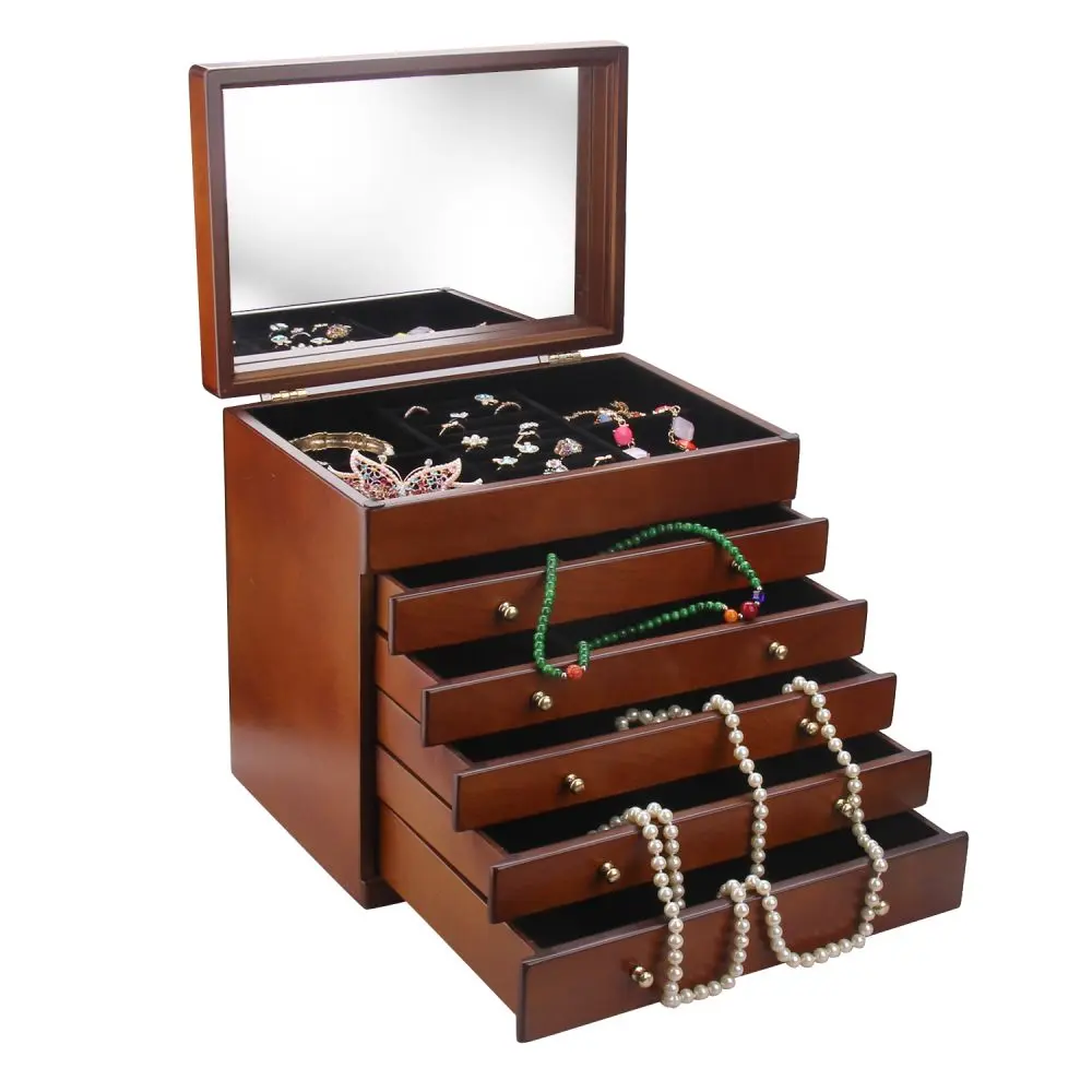 Grand 5 drawers Wooden Jewelry Organizer with Mirror Lid | MG08